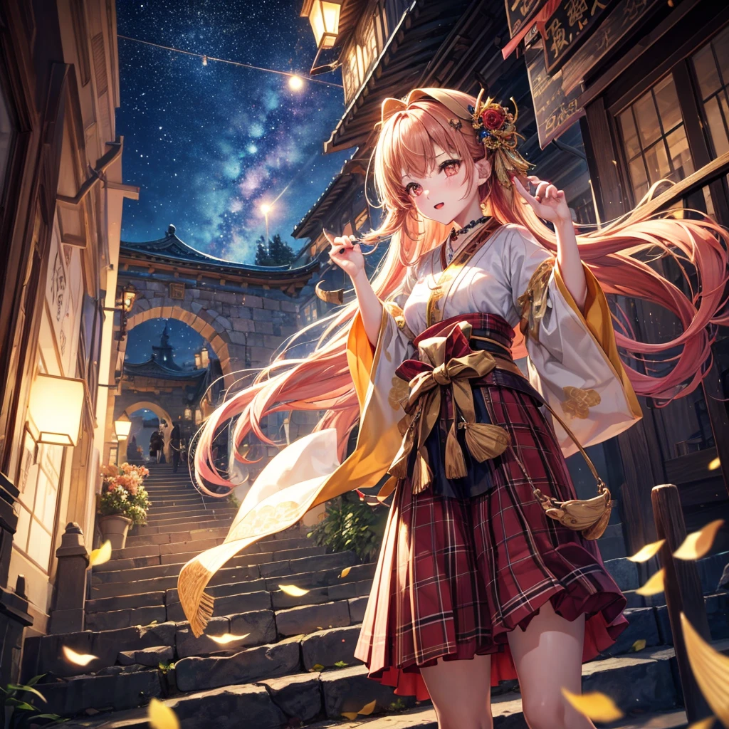 Pink, red, brown, gold, gold hair、Red gold eyes、Hair tied up、One good looking girl、solo、anime、Checkered mini skirt、Ruffles on the skirt、Checked dress、blouse、Kimono、Black knee-high socks、Ribbon、Ribbon on waist、Teeth are visible、Sparkly Necklace、From above、Cobblestones、waterfall、Starry Sky、Midnight Moon、suspension bridge、beam、Standing still、Transparent、Dragon flying、goddess、Edo、Confetti、Kicking、Ancient City、Arranging stones、Going down the stairs