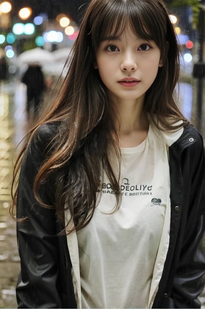 24year old beautiful girl、Half-Japanese beauty、Highest image quality、realistic、16K、beautiful woman、long hair、With bangs、Pretty slim、heavy rain、While walking through the Beach in the rain、wet from heavy rain、In the middle of Shibuya、大きめの胸、黒のTシャツ、レギンス、雨で濡れて、Heavy Rain、My hair got wet in the heavy rain、激しい雨の中、髪が濡れて