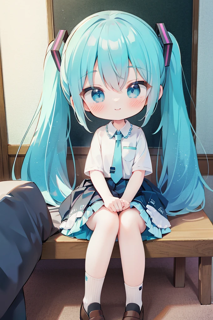 ((Highest quality)), ((masterpiece)), (detailed), Hatsune Miku,Young face,Looking up,Close your mouth,smile,Long blue hair in twin tails,room,Sit on a chair,Swing your legs,Primary school students,White shirt,Black pleated skirt,Knee-high socks,Brown loafers,Short legs,low length,Flexible body,Primary school students, body type,