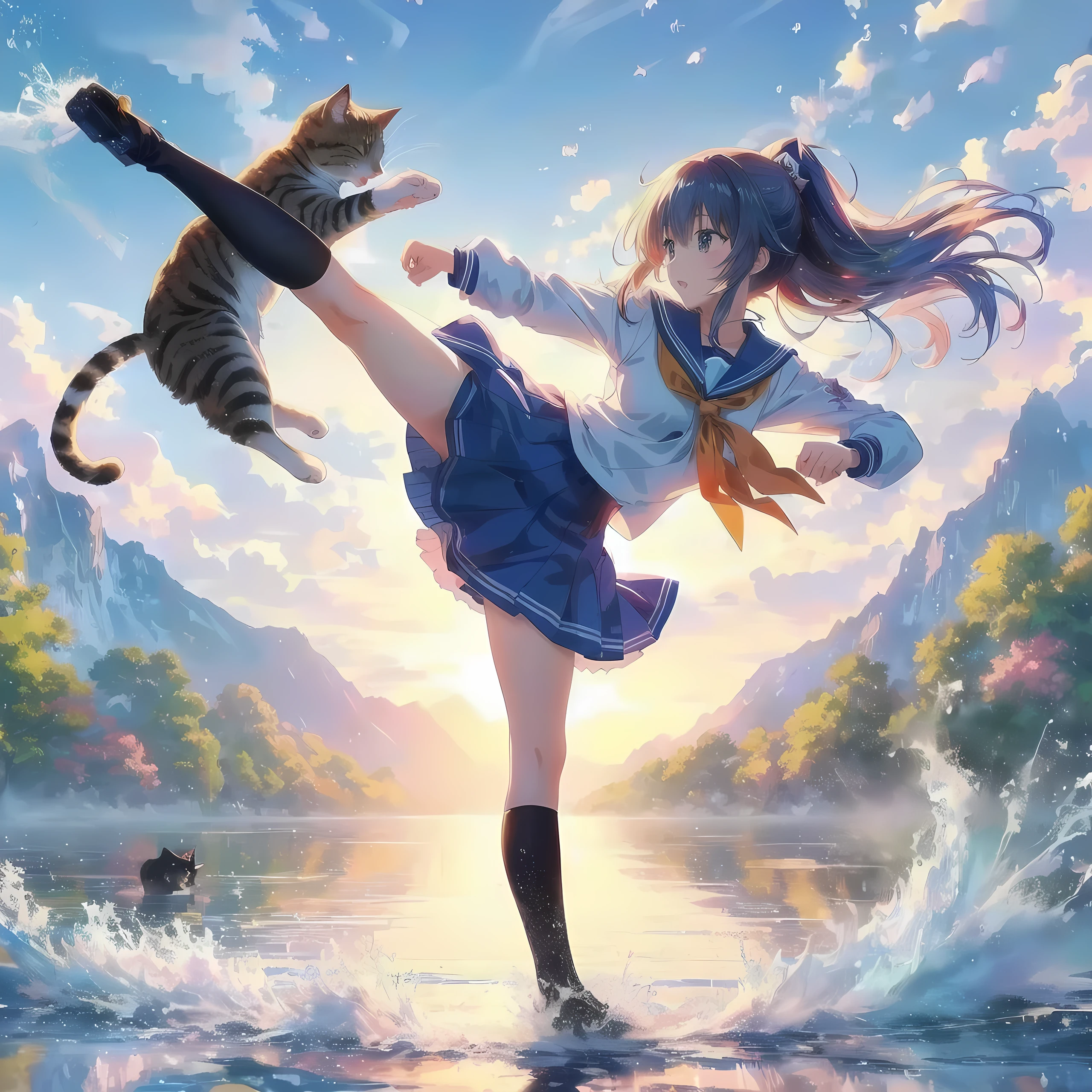 anime girl kicking a cat in the water with a mountain background, anime style 4k yen, anime girl walking on water, anime! 4k yen, anime! 4K, anime art wallpaper 4K, anime art wallpaper 4k yen, anime cat, anime art wallpaper 8 k, anime style. 8K, 4K anime wallpaper, anime wallpaper 4K, anime wallpaper 4k yen