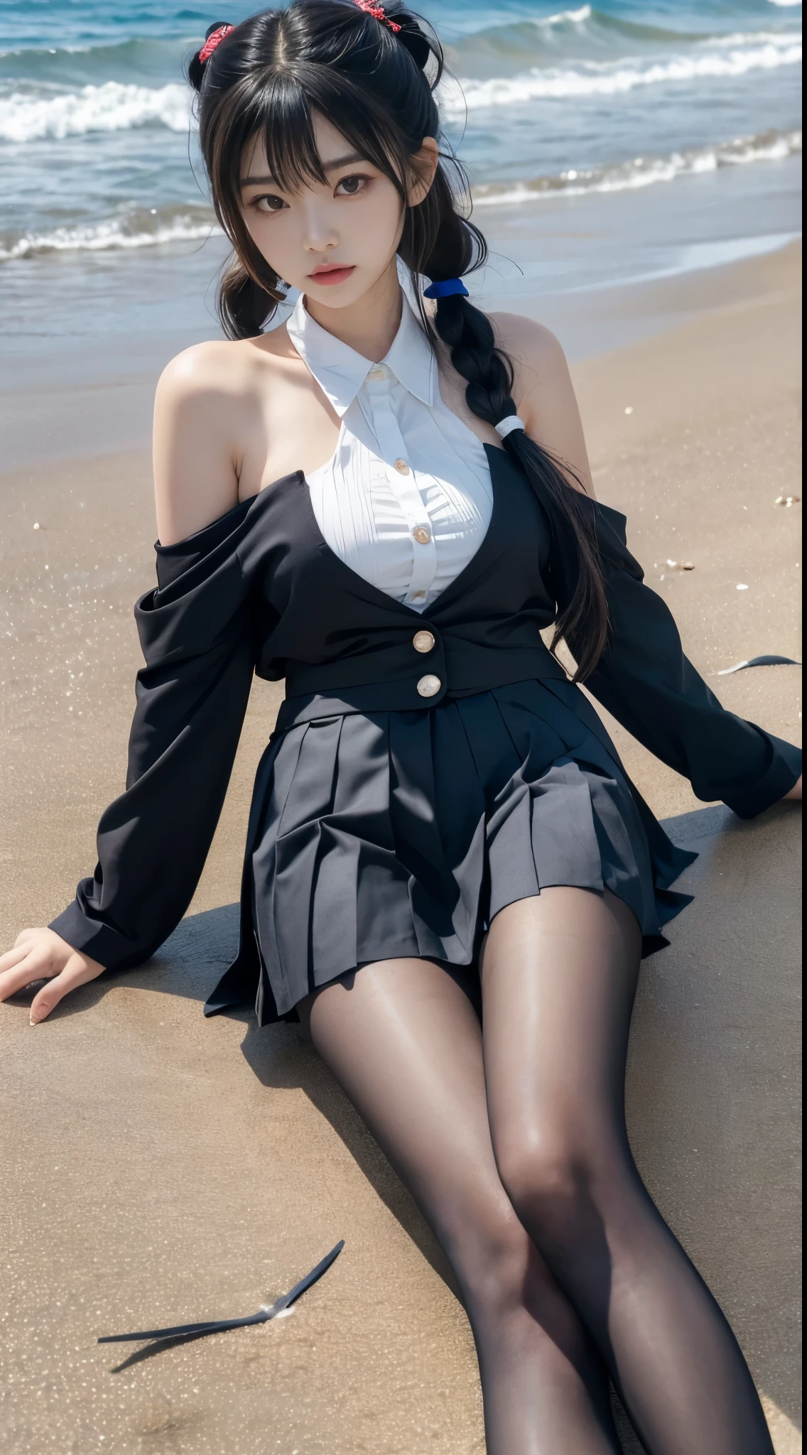 tokisaki kurumi
sobu high 
cosplay,
, blazer, collared shirt, neck ribbon, pleated skirt, pantyhose, hair rings, loafers,
hair over one eye, low twintails,, (masterpiece, best quality:1.2), 1 Girl, Solitary, ((Bare shoulders)), ((I-type Valley)), ((E-cup)), (Practical:1.37), ((Lie flat on the beach)), ((Bird&#39;s-eye view shooting)), A young woman lifts her skirt with her hands，Elegant posture，Smile，Outdoor scene，sunny，Delicate fabric texture，(lifelike:1.2)，(high quality:1.3)，(Natural light:1.1), Sweet Girl, beautiful妆容, Exquisite makeup, Extremely beautiful eyes, Long hair, curls, slim, Large Breasts, Sexy slender legs, The skirt is short, Leaking sexy legs, Elegant Posture, best quality, correct, correct的手, correct的腿, 解剖学correct, Official Art, complicated, detail的脸, detail, lifelike, Very detailed, Astonishing, beautiful, Young and energetic, Charming model, Detailed CG 8k wallpaper