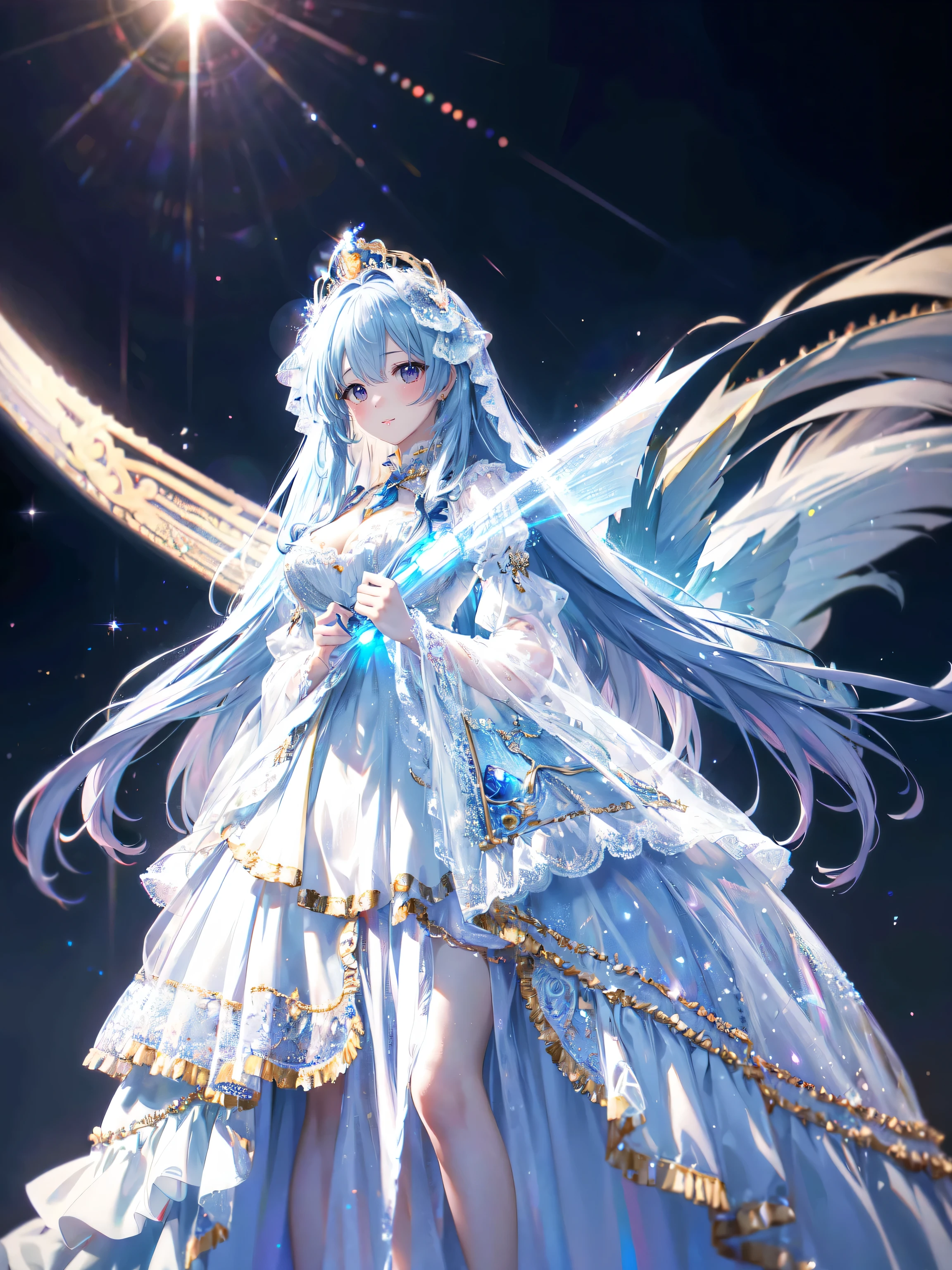 (anime moe art style:1.3), (Masterpiece, ultra detailed, top quality, ultra high res, Spectacular Quality, Distinguished Quality, unity 16k, 32k, ultra photo realistic:1.5), (((dress transparent dress))), (((Unsurpassed gorgeous rococo victorian gown with voluminous hoopskirt and long hems, princess style skirt))), ((((gown ultra elaborate gown))), (gown brilliances dazzlingly glitter reflective prismatic transparency gown), (((Expressive hair, very voluminous and very long hair))), bangs, super delicate and beautiful face, beautiful lips, (hyper detail delicate beautiful eyes), (huge , breasts cleavage:1.5), beautiful smile, (((young face, solo Captivating Adorable princess, teen girl, cute girl, very cute teen girl))), (face focus, eye focus, realistic, blurry background), (Lens Flare, Glow, Light caustics effect), 