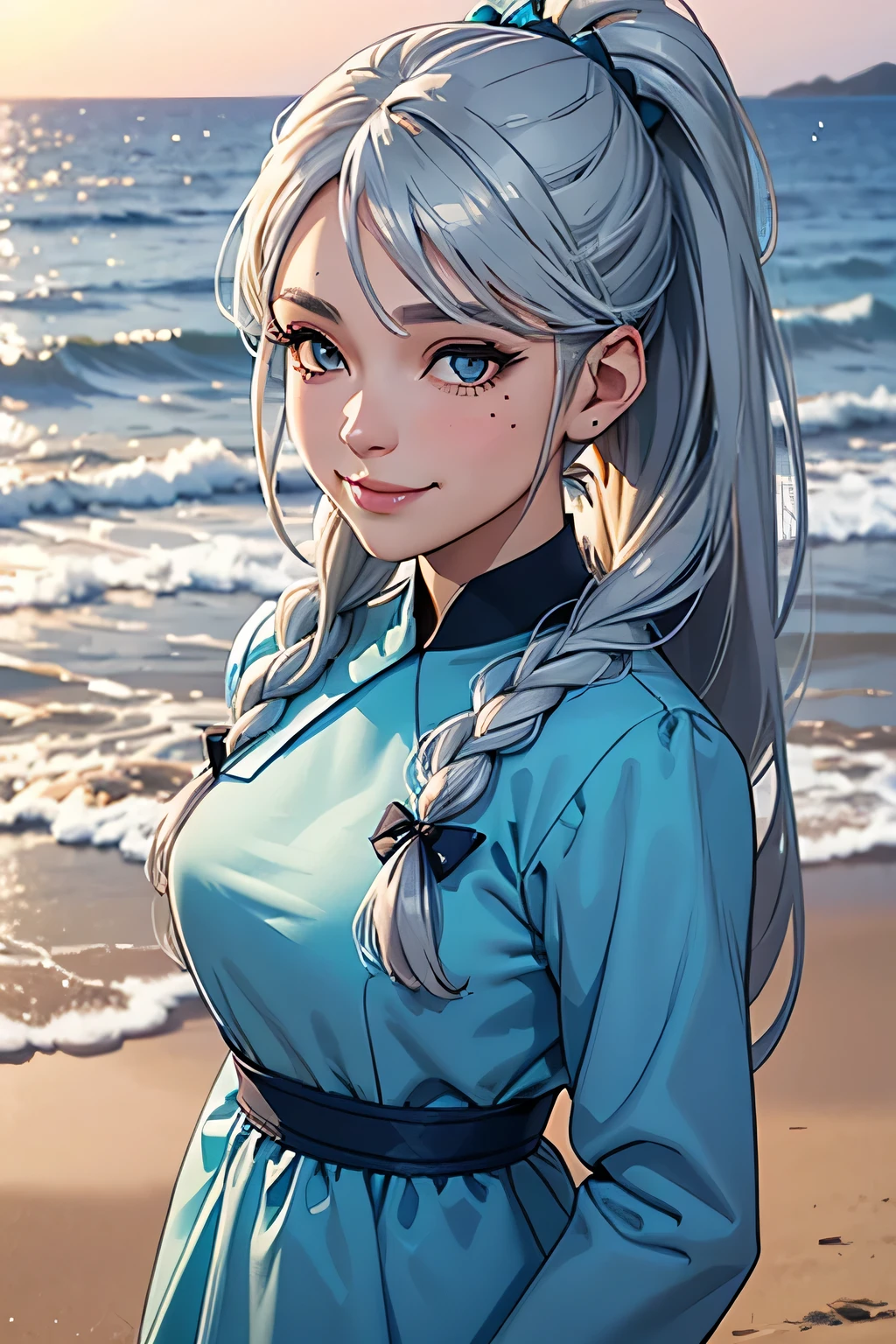 mole under eye, aqua eyes, gradient_eyes, upturned eyes, longeyelashes, silver hair, braided ponytail, long hair, side swept bangs, snowflake hair ornament, light smile, wearing a beautiful blue dress, on the beach, high details, high quality, best quality, highres