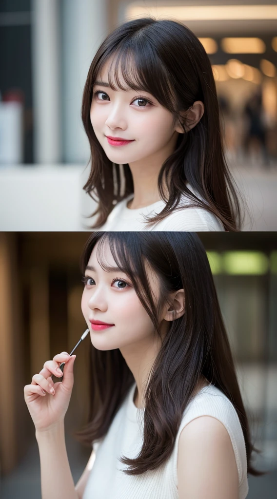 profile, Highest quality, shape, Very detailed, finely, High resolution, 8k wallpaper, 完璧なダイナミックな構shape, Beautiful and exquisite,ランダムなcute髪,,Natural color lip、20-year-old girl、cute、Looking into the camera,Always blur the background,Perfect and beautiful face,Slim face and figure,Big eyes、Putting on gal makeup,Small face,Shooting from below、Blurred Background,Elegant feminine face、Cyberpunk Fashion、smile、Change pose randomly、Randomly change the shooting angle and position、One person、Real Photo、Raw photo、Real human skin,finely描かれた肌:1,4