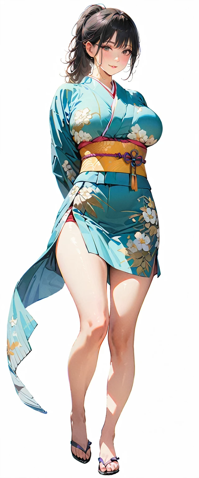 20 years old,1 mature woman,hyperrealistic, 8k, (extremely detailed 8k), (very delicate and beautiful), (masterpiece), (better quality:1.0), (ultra high resolution:1.0), (masterpiece, best quality),cute,black hair,ponytail,full body,white background,realistic skin,kimono,,model posing,big breasts,arms behind back
