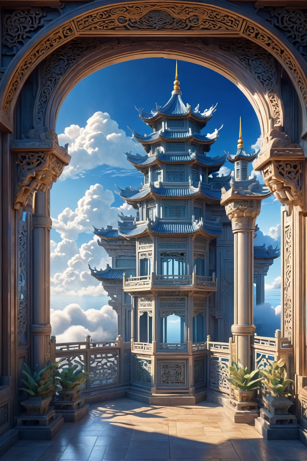 masterpiece, best quality, (Very detailed CG Unity 8k wallpaper) (best quality), (Best Illustration Award), (Best shadow) air castle, Chinese antique architecture, Carved hollow decoration, Sea of clouds outside the window, Sunrise and sea of clouds ,Thick clouds, Blue Sky Ray Tracing, Super detailed