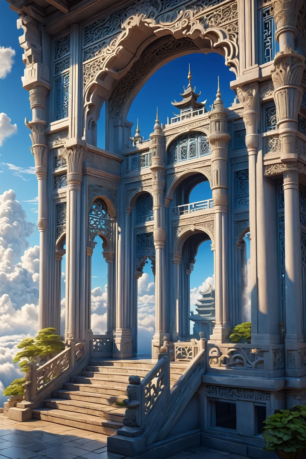 masterpiece, best quality, (Very detailed CG Unity 8k wallpaper) (best quality), (Best Illustration Award), (Best shadow) air castle, Chinese antique architecture, Carved hollow decoration, Sea of clouds outside the window, Sunrise and sea of clouds ,Thick clouds, Blue Sky Ray Tracing, Super detailed