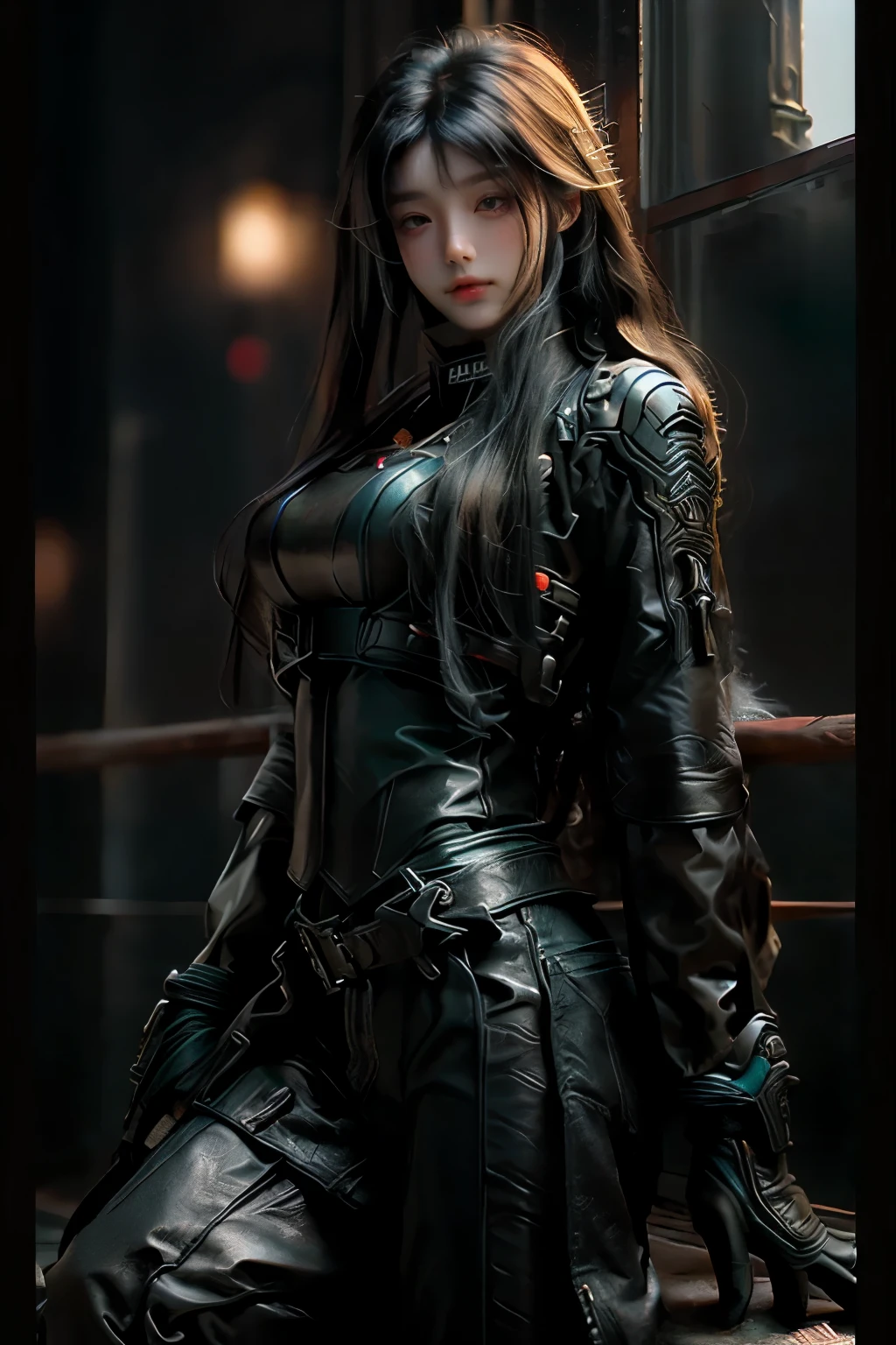 oriental gothic girl,cyberpunk,girl with big hips,leather collant,beautiful detailed eyes,beautiful detailed lips,extremely detailed eyes and face,long eyelashes,dark and mysterious background,portraits,highres,stunning lighting,richly colored,moody atmosphere,dark color palette,hauntingly beautiful,neo-noir,urban landscape,industrial setting,futuristic elements,gritty,edgy style,ominous atmosphere,sci-fi aesthetics,strong contrast,striking visuals,alternative fashion,steampunk influences,sleek and shiny textures,ultra-detailed,phantasmagoric,artistic interpretation,stylized,black and white,contrasting shadows,sharp edges,metallic accents,mixed media,layered composition,gothic architecture,night cityscape,slim silhouette,dynamic pose,mysterious aura.