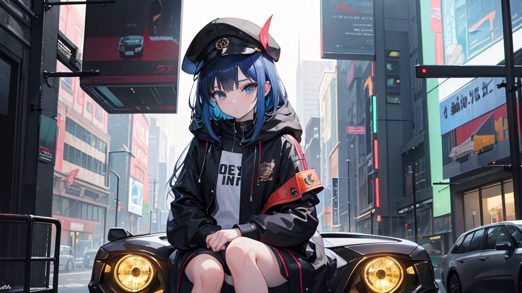 (Highest quality,8K,High resolution, masterpiece:1.2), Super detailed, High resolution, 超High resolution, Studio Lighting, Ultra-fine painting, Sharp focus, Physically Based Rendering, Very detailed explanation, Professional, Vibrant colors, Bokeh, Portraiture, Concept Artist, Cool color palette, Dramatic rainy street, Girl wearing a parka hat,Sitting in a car,Straight face,Looking down,