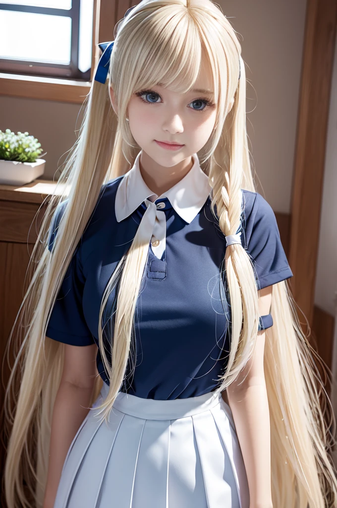 portlate、School Uniforms、bright expression、poneyTail、Young shiny shiny white shiny skin、Best Looks、Blonde reflected light、Platinum blonde hair with dazzling highlights、shiny light hair,、Super long silky straight hair、Beautiful bangs that shine、Glowing crystal clear attractive big blue eyes、Very beautiful nice cute 16 year old girl、Lush bust