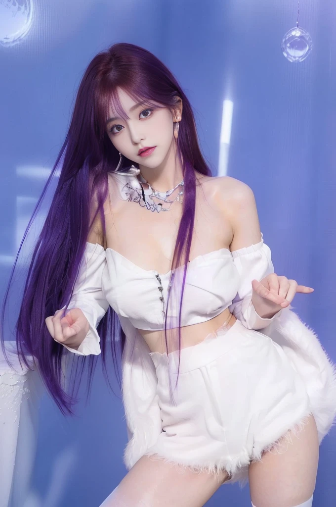 1Girl, 2k, Ultra hd, (((dark orange violet hair))), wearing a white crop top, glossy, fluffy white pants, white sleeve stockings, (((purple eyes))), fair skin, body goals, (((cute face)))