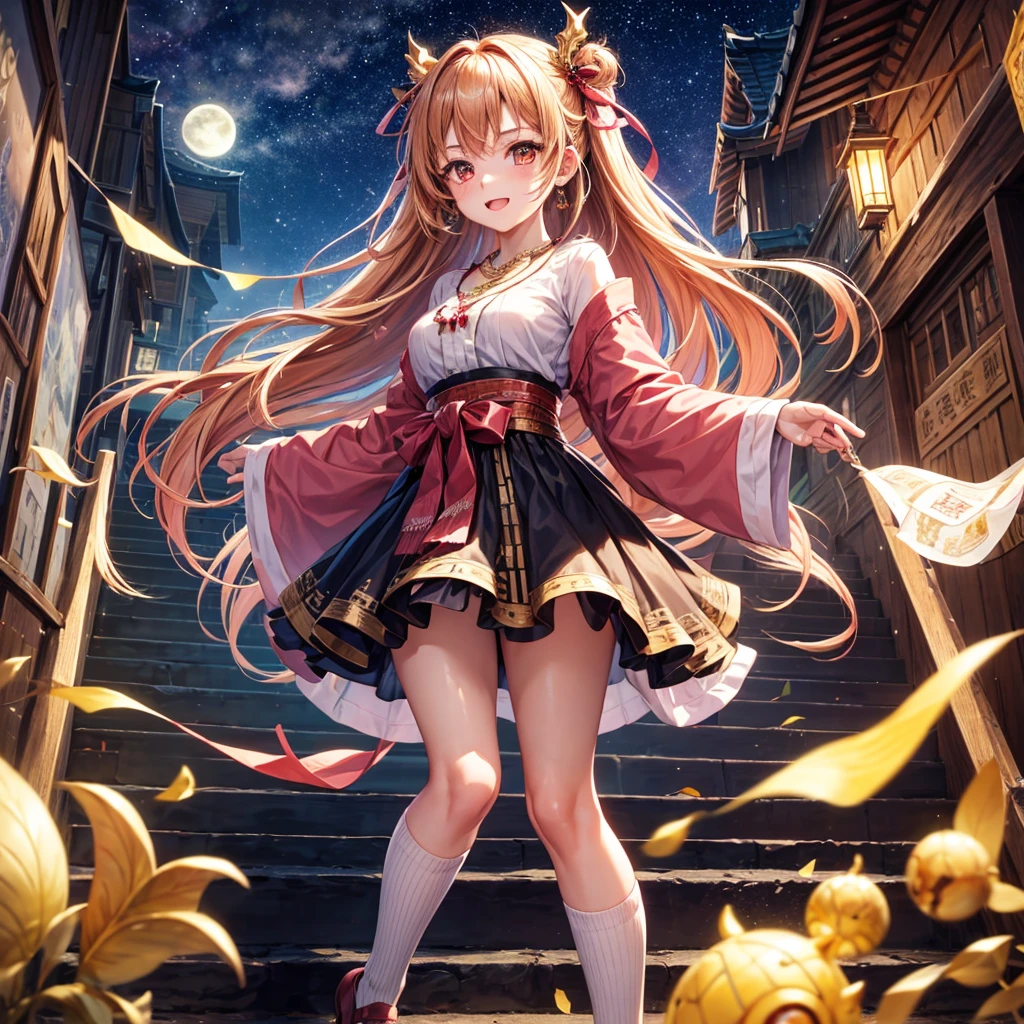 Pink, red, brown, gold, gold hair、Red gold eyes、Hair tied up、One good looking girl、solo、anime、Checkered mini skirt、Ruffles on the skirt、Checked dress、blouse、Kimono、Black knee-high socks、Ribbon、Ribbon on waist、Teeth are visible、Sparkly Necklace、From above、Cobblestones、waterfall、Starry Sky、Midnight Moon、suspension bridge、beam、Standing still、Transparent、Dragon flying、goddess、Edo、Confetti、Kicking、Ancient City、Arranging stones、Climbing the stairs