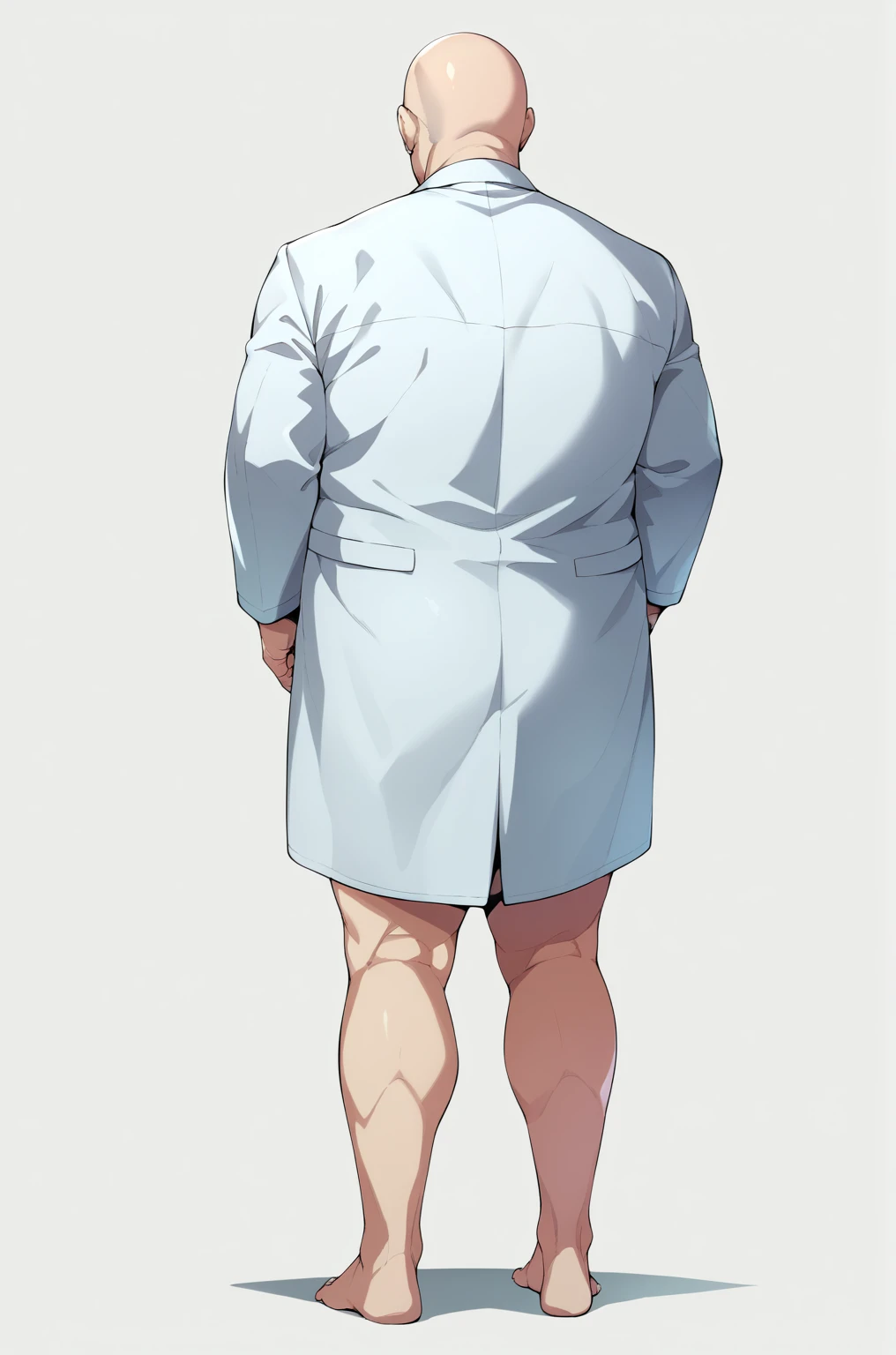 Diagonal angle from behind、A bald man in a white coat、solo、Ultra-detailed illustrations、Ultra-precise expression、masterpiece、Highest quality、ultra High resolution、High resolution、Hiromitsu Takeda Style、White background、Simple Background、whole body、barefoot、Standing posture、Back view、Spread your legs、