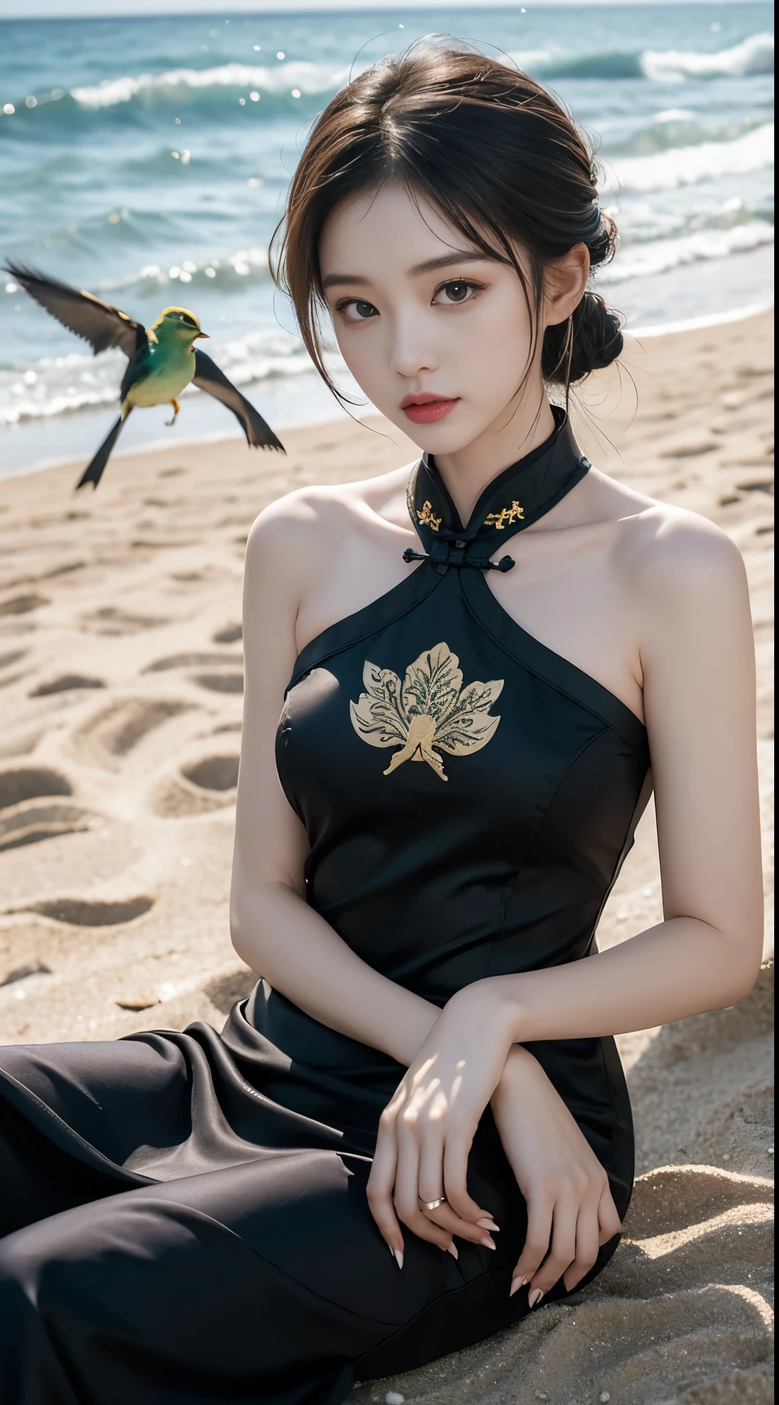 Fashion cheongsam, (masterpiece, best quality:1.2), 1 Girl, Solitary, ((Bare shoulders)), ((I-type Valley)), ((E-cup)), (Practical:1.37), ((Lie flat on the beach)), ((Bird's-eye view shooting)), A young woman lifts her skirt with her hands,Elegant posture,Smile,Outdoor scene,sunny,Delicate fabric texture,(lifelike:1.2),(high quality:1.3),(Natural light:1.1), Sweet Girl, beautiful妆容, Exquisite makeup, Extremely beautiful eyes, Long hair, curls, slim, Large Breasts, Sexy slender legs, The skirt is short, Leaking sexy legs, Elegant Posture, best quality, correct, correct的手, correct的腿, 解剖学correct, Official Art, complicated, detail的脸, detail, lifelike, Very detailed, Astonishing, beautiful, Young and energetic, Charming model, Detailed CG 8k wallpaper