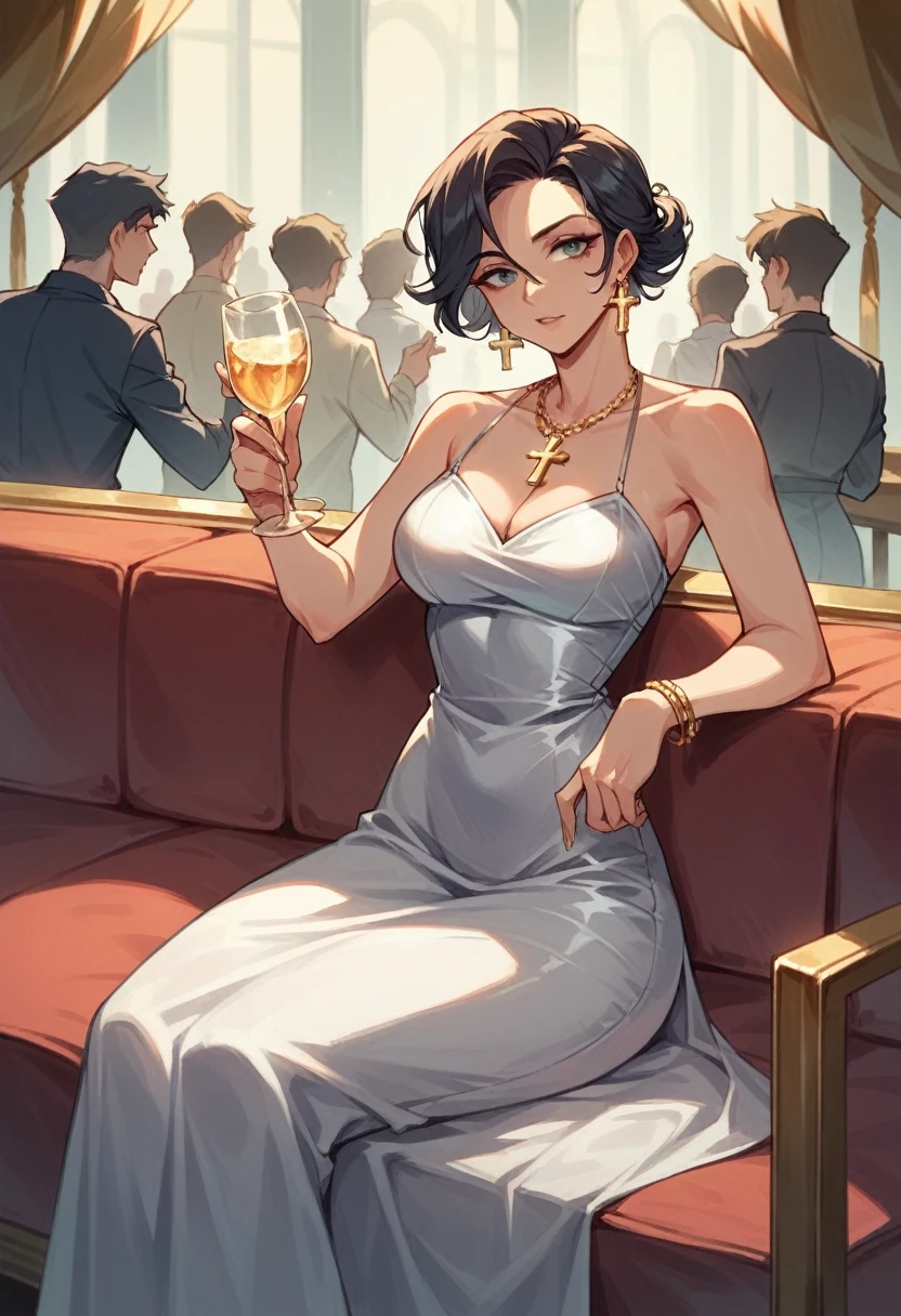 rich beautiful woman, silver dress, gold earrings, gold cross necklace, 20 years old, tall, short black hair, drinking glass in hand, at the prom party, sitting