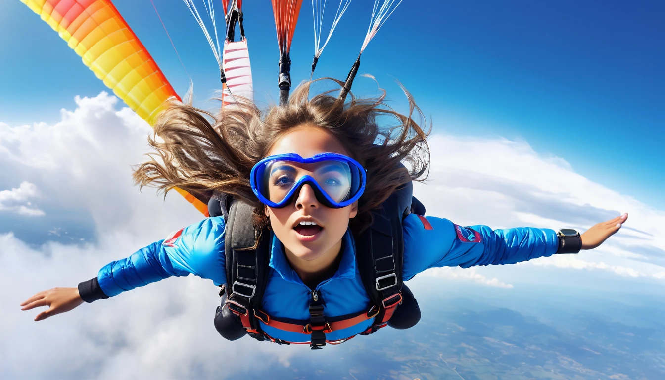 1girl, as a paraglider, glide with parachute, high sky, soaring, close up to viewer, perfect face, blue goggles, flowing hair, upper view light, trippy background, cinematic motion, evaporated smoke trail behind her, epic photo art, fantasy art, UHD, 8k