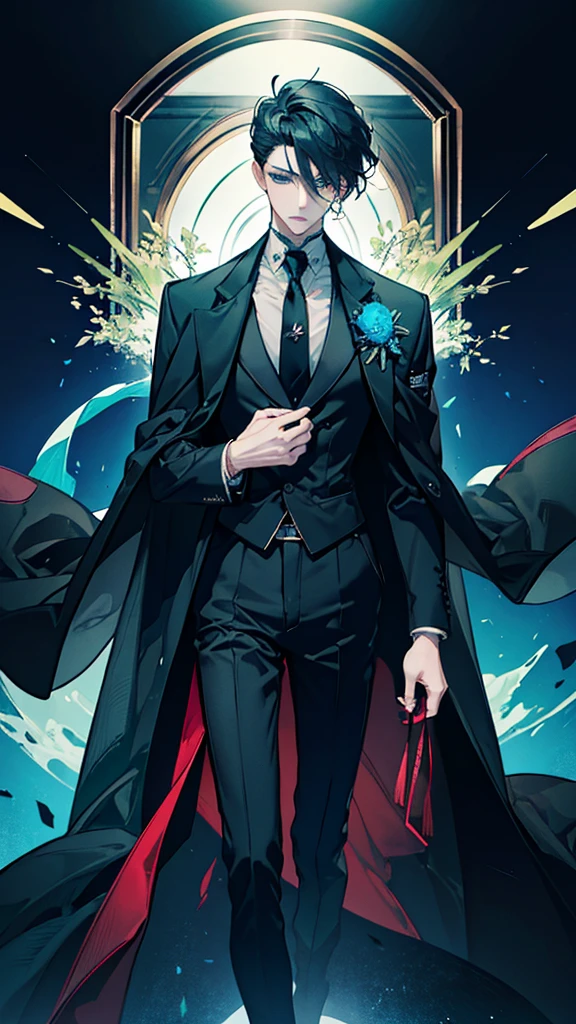 (masterpiece), best quality, seductive eyes, perfect face, handsome man,green-blue eyes, middle part haircut, short length black hair, black coat, grey suit, black necktie, full body, long legs, anime cover, 1boy, cross ear rings,Asia man,red blackguard,Manhwa lines