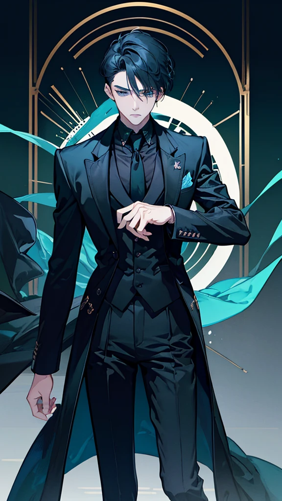 (masterpiece), best quality, seductive eyes, perfect face, handsome man,green-blue eyes, middle part haircut, short length black hair, black coat, grey suit, black necktie, full body, long legs, anime cover, 1boy, cross ear rings,Asia man,red blackguard,Manhwa lines