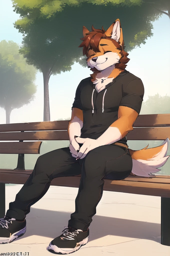 mature male, red panda, loose shorts, black t-shirt, sitting on park bench, waving at viewer, closed smile, soft shading, detailed fur, kemono, by kacey, by personalami, by kiyosan