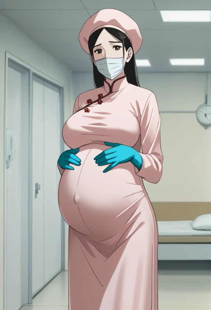 score_9, score_8_up, score_7_up, source_anime, raw image, masterpiece, highest quality, natural light, patient room background, kasuganoray, good shape, pale skin, shy eyes, big breasts, scrubs, surgical mask, bouffant cap, long sleeve cheongsam dress, navel head,
1girl, pregnant, solo, rubber gloves, looking down, furrowed brow, hospital bed, standing, even though she's pregnant she has a good figure, she suffered due to difficult childbirth