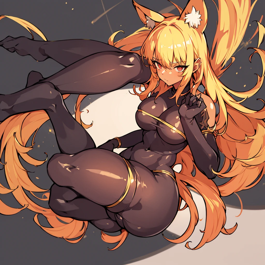 1 girl, detached sleeves, neckleace, multicolored hair, hair blonde, Bblack hair, animal ears, pantyhose, multiple tails, trunk, lindo rosto, perfectbody, glare eyes, work of art, best qualityer, focus on details