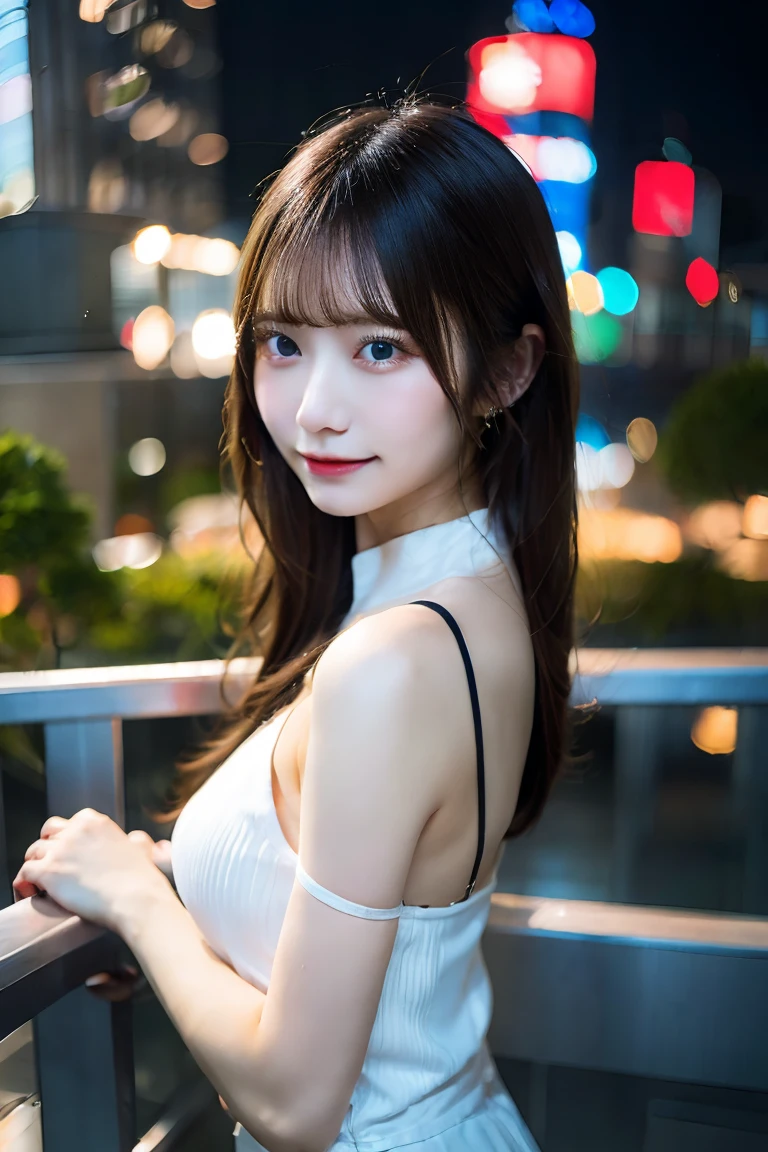 (masterpiece)), ((best quality)), (ultra-detailed), ((kawaii)), cute, (lovely), ((sexy)), (ero), ((extremely detailed)), 4K, (8K), nsfw, A young Japanese idol, ((topless)), standing on a luxury hotel balcony at night. Her back is facing the camera as she gazes at the city lights. She is covering her chest with her arms. The background features a sparkling cityscape. Highly detailed, sophisticated, artistic, tasteful.