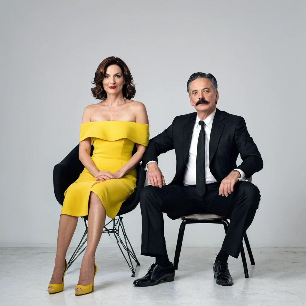 The man in his 50s with black very short hair and smooth face with moustache. The woman in her 50s with brown long wavy hair. The man is dressed in a black suit. The woman is wearing yellow strapless dress. The man is sitting on chair with legs crossed. The woman is standing next to the man and putting her hand on the man's shoulder. White background. Studio. Posing for magazine cover. Full length pose. 18mm lens. HDR. UHD. Cinematic.