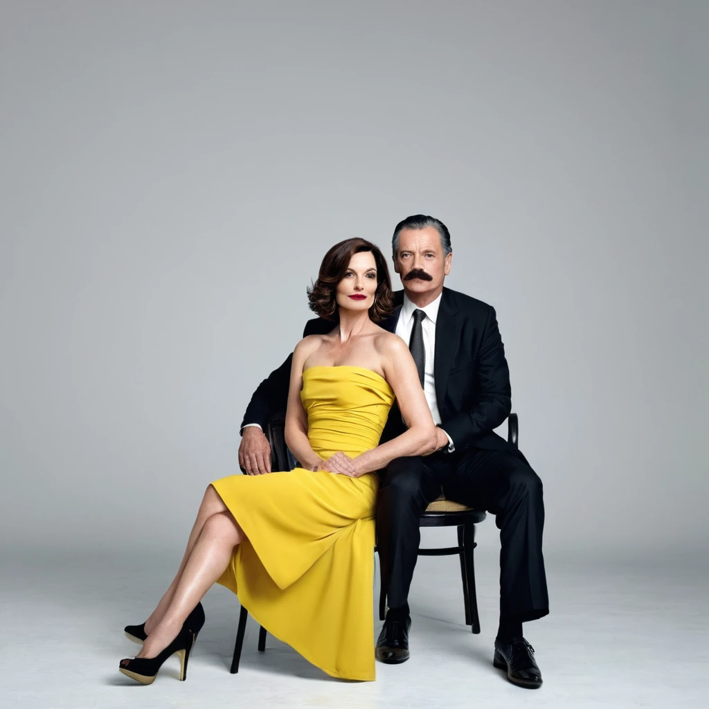 The man in his 50s with black very short hair and smooth face with moustache. The woman in her 50s with brown long wavy hair. The man is dressed in a black suit. The woman is wearing yellow strapless dress. The man is sitting on chair with legs crossed. The woman is standing next to the man and putting her hand on the man's shoulder. White background. Studio. Posing for magazine cover. Full length pose. 18mm lens. HDR. UHD. Cinematic.