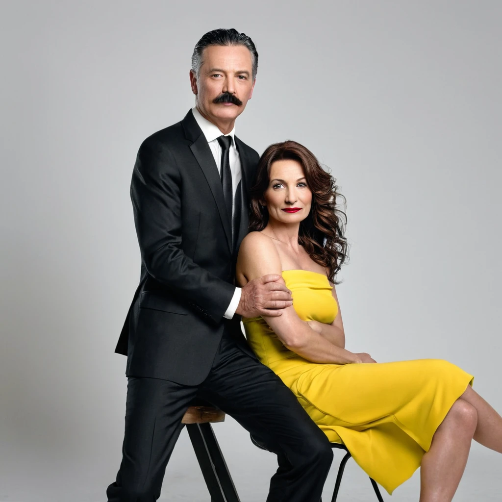 The man in his 50s with black very short hair and smooth face with moustache. The woman in her 50s with brown long wavy hair. The man is dressed in a black suit. The woman is wearing yellow strapless dress. The man is sitting on chair with legs crossed. The woman is standing next to the man and putting her hand on the man's shoulder. White background. Studio. Posing for magazine cover. Full length pose. 18mm lens. HDR. UHD. Cinematic.