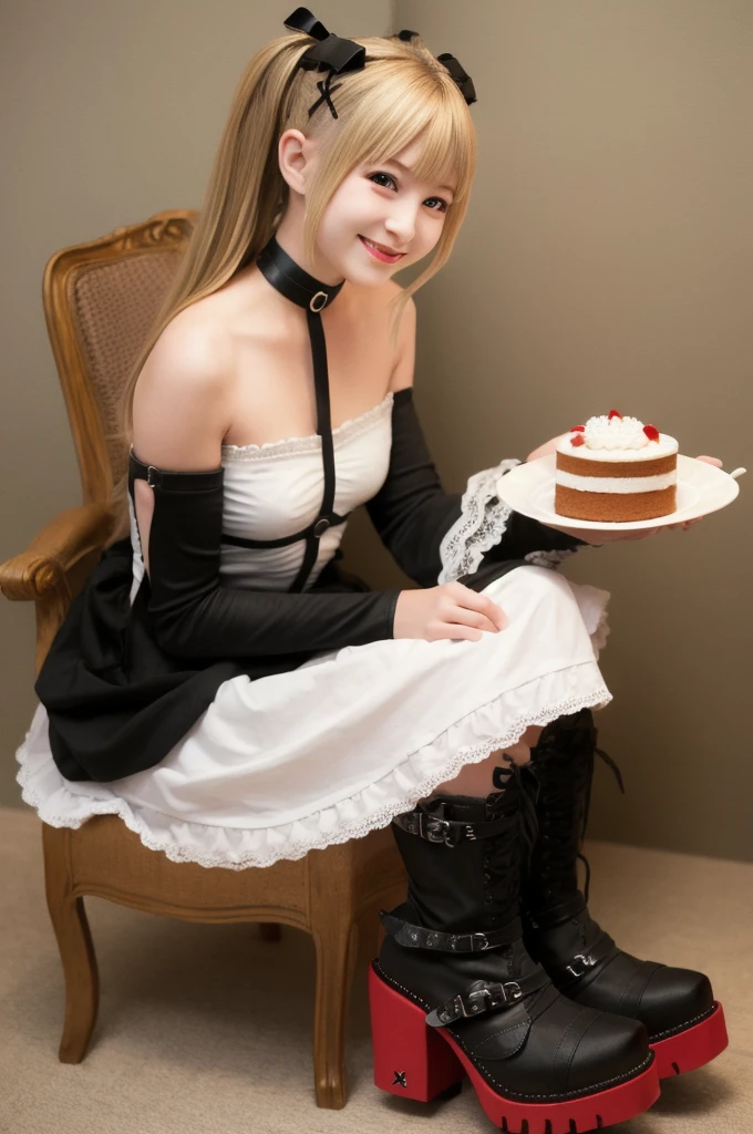 masterpiece, best quality, doamarie, twintails, x hair ornament, hair ribbon, choker, harness, black skirt, black dress, detached sleeves, black sleeves, frills, looking at viewer, smile, platform boots, sitting, table, chair, mansion, teapot, cake