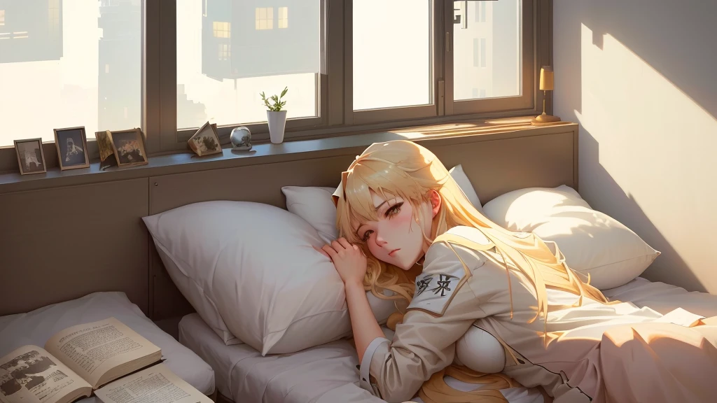 blonde woman lying in bed with her legs crossed and her head on the pillow, trends on cgstation, アニメ. soft lighting, artwork in the style of guweiz, of the girls on the front line, Guweiz, ross tran. scenic background, garota アニメ sedutora, ross tran style, laying down on a bed, trends on artstation pixiv, fofosexyrobutts