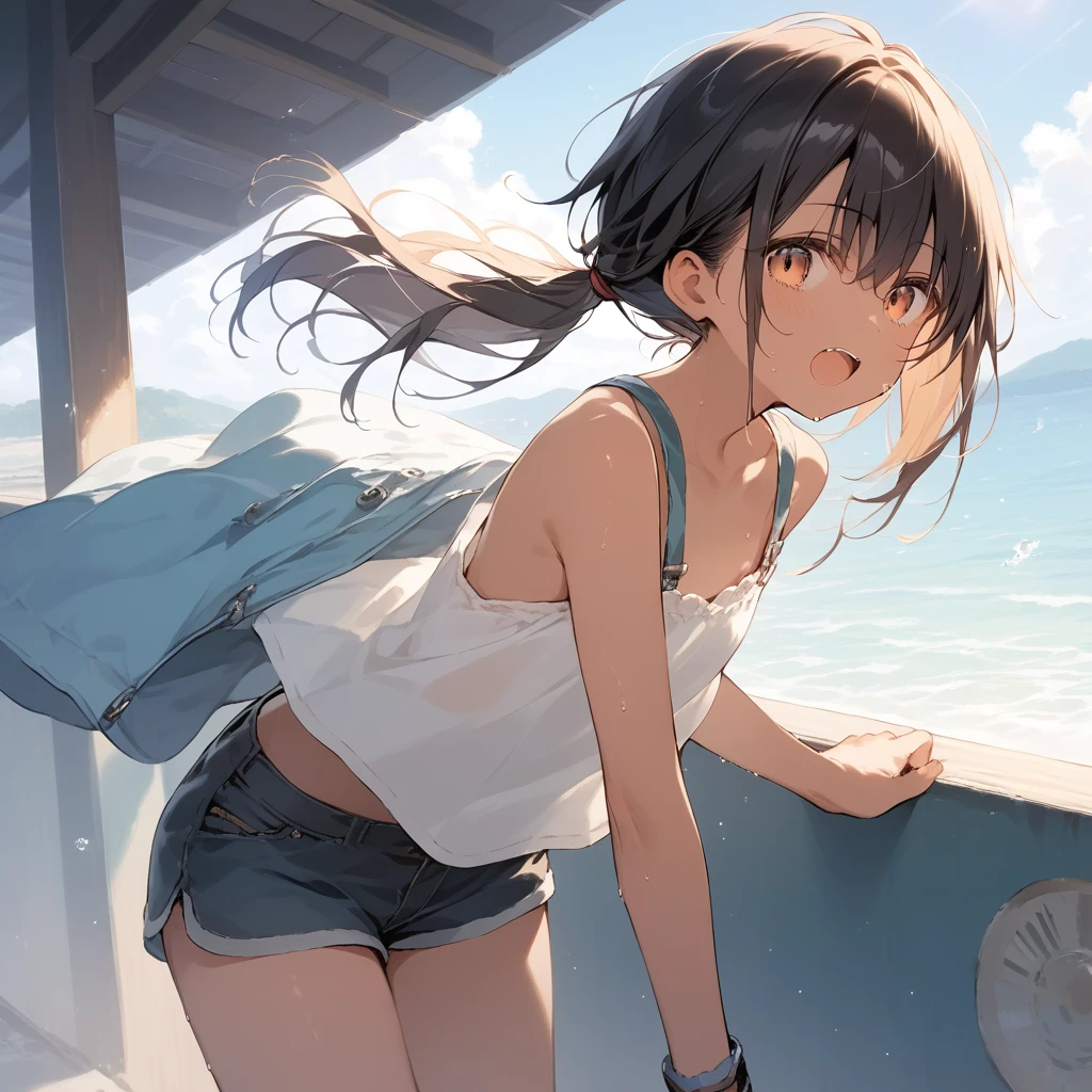 score_9, score_8_up, score_7_up, source_anime, best quality, masterpiece, official art, absurdres, highres, ultra-detailed,waifu2x,Collection: Slice of Life,break,1girl, tomboy, dark-skinned female, short hair, low ponytail, flat chest, beautiful detailed eyes, short shorts, sweat, open mouth, (yawn:0.3), sleepily, outdoors, wind,break,(clear line illustration:1.2), super detailed skin,very high resolution, very aesthetic, Best sexual lighting powered by famous artist, 8k,cute picture,beauty illustration,photoshop_(medium),,(Detailed Lighting),best anime 8k konachan wallpaper, pixiv contest winner,