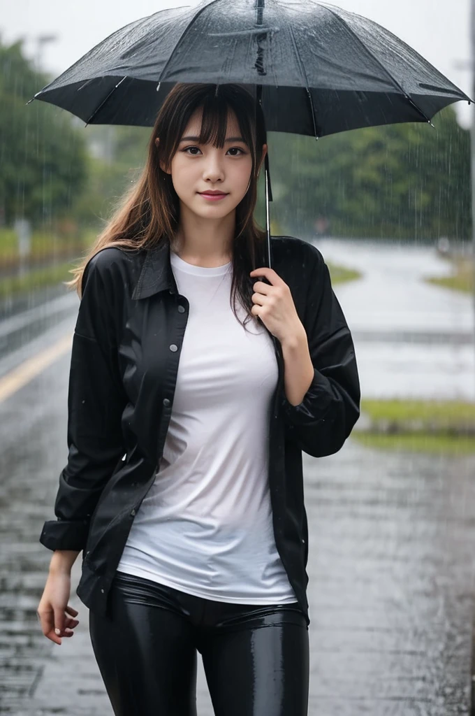 24year old beautiful girl、Half-Japanese beauty、Highest image quality、realistic、16K、beautiful woman、long hair、bionde、blondes、With bangs、Pretty slim、heavy rain、While walking through the Beach in the rain、wet from heavy rain、In the middle of Shibuya、Larger breasts、The blackTshirt、leggings、Wet in the rain、Heavy Rain、My hair got wet in the heavy rain、In heavy rain、Shooting from a distance、Wet in the rain、Back view、Full body、傘をさして、傘を持って