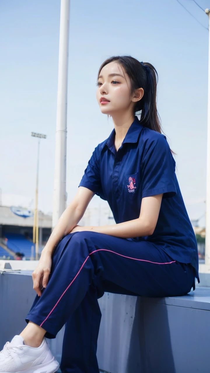 Songkran, wet street , A very realistic girl, wet soaked, drop, wet clothes, wet skin, wet hair, 8k, Masterpiece, realistic, beautiful,purple efficiency,Navy trousers,wet:1.5,dirty white powder