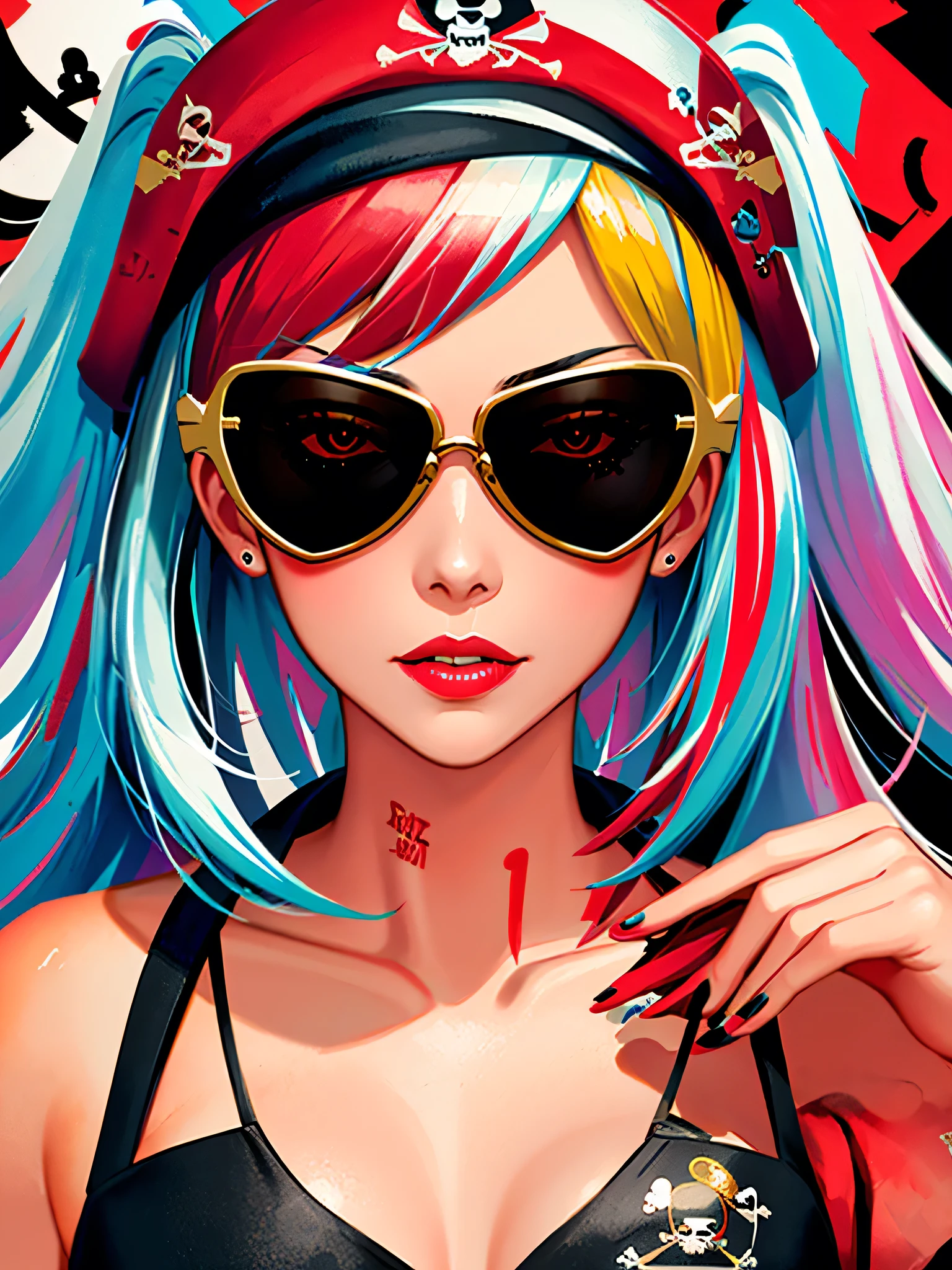 Black Star Red and White Style, watercolor painting, 8K resolution、((highest quality))、((masterpiece))、((Super detailed))、(((most fashionable design)))、1 female、alone、incredibly absurd、 (((The most beautiful pirate girl of all time))), (((Stylish sunglasses))), lips in love, pirate bandana,neon、small breasts,、(((graffiti art))), colorful hair, provocative
