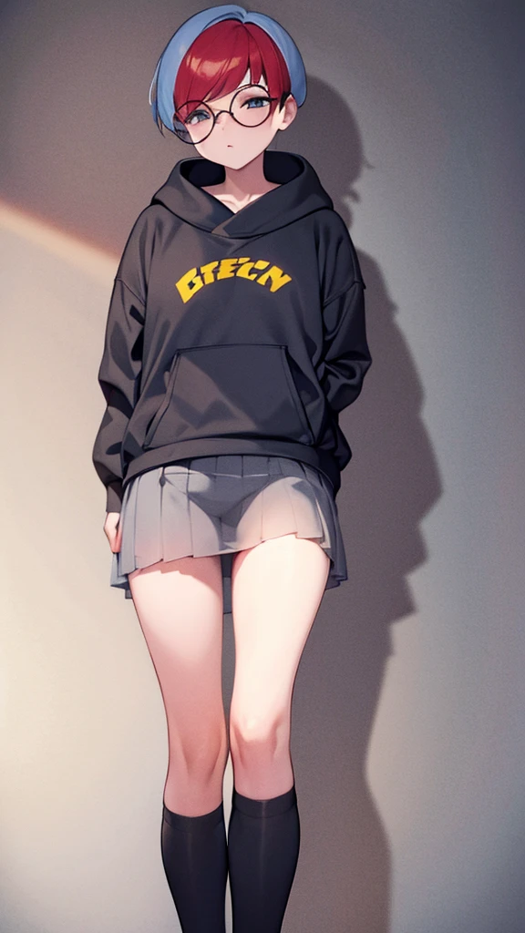 Black stockings, skirt, hoodie 