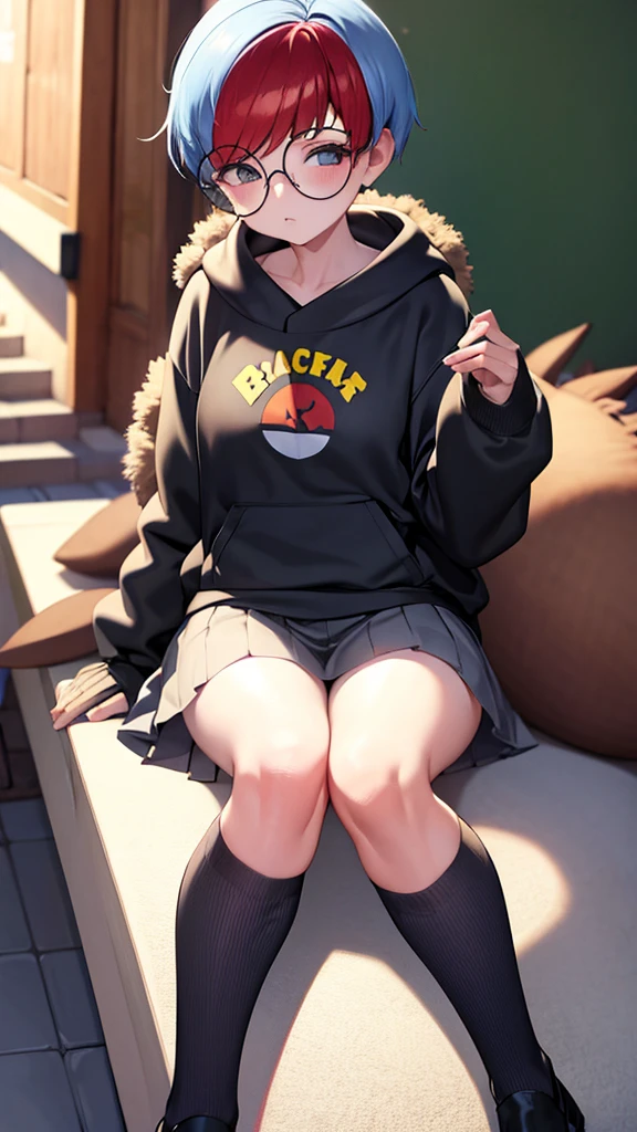 Black stockings, skirt, hoodie 