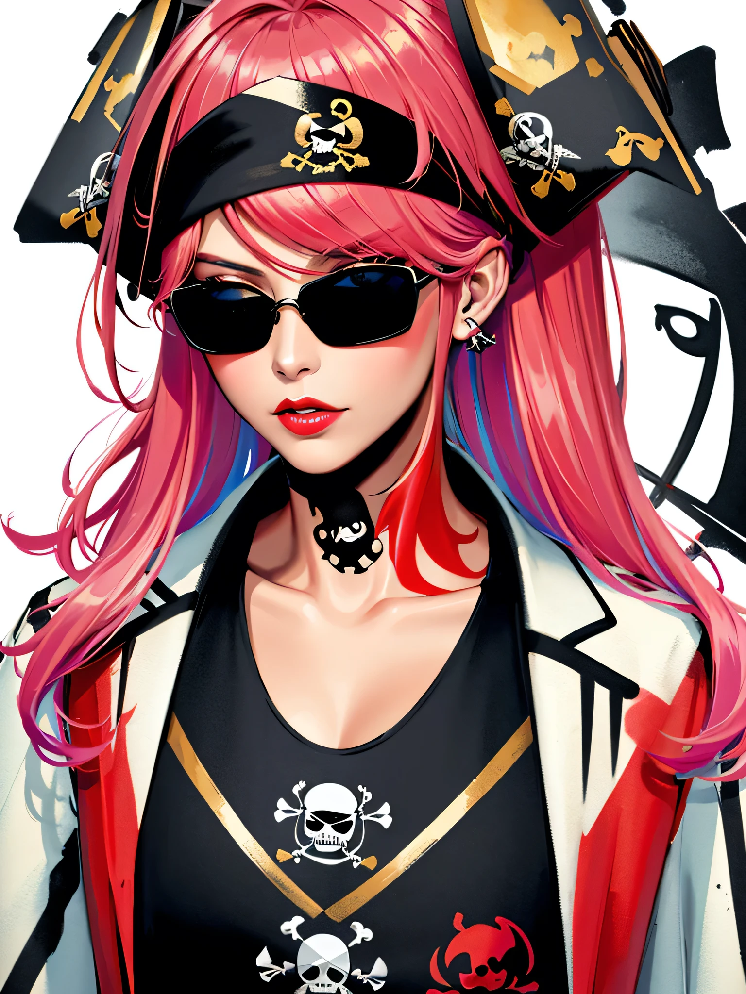 Black Star Red and White Style, watercolor painting, 8K resolution、((highest quality))、((masterpiece))、((Super detailed))、(((most fashionable design)))、1 female、alone、incredibly absurd、 (((The most beautiful pirate girl of all time))), (((Stylish sunglasses))), lips in love, pirate bandana,neon、small breasts,、(((graffiti art))), colorful hair, provocative
