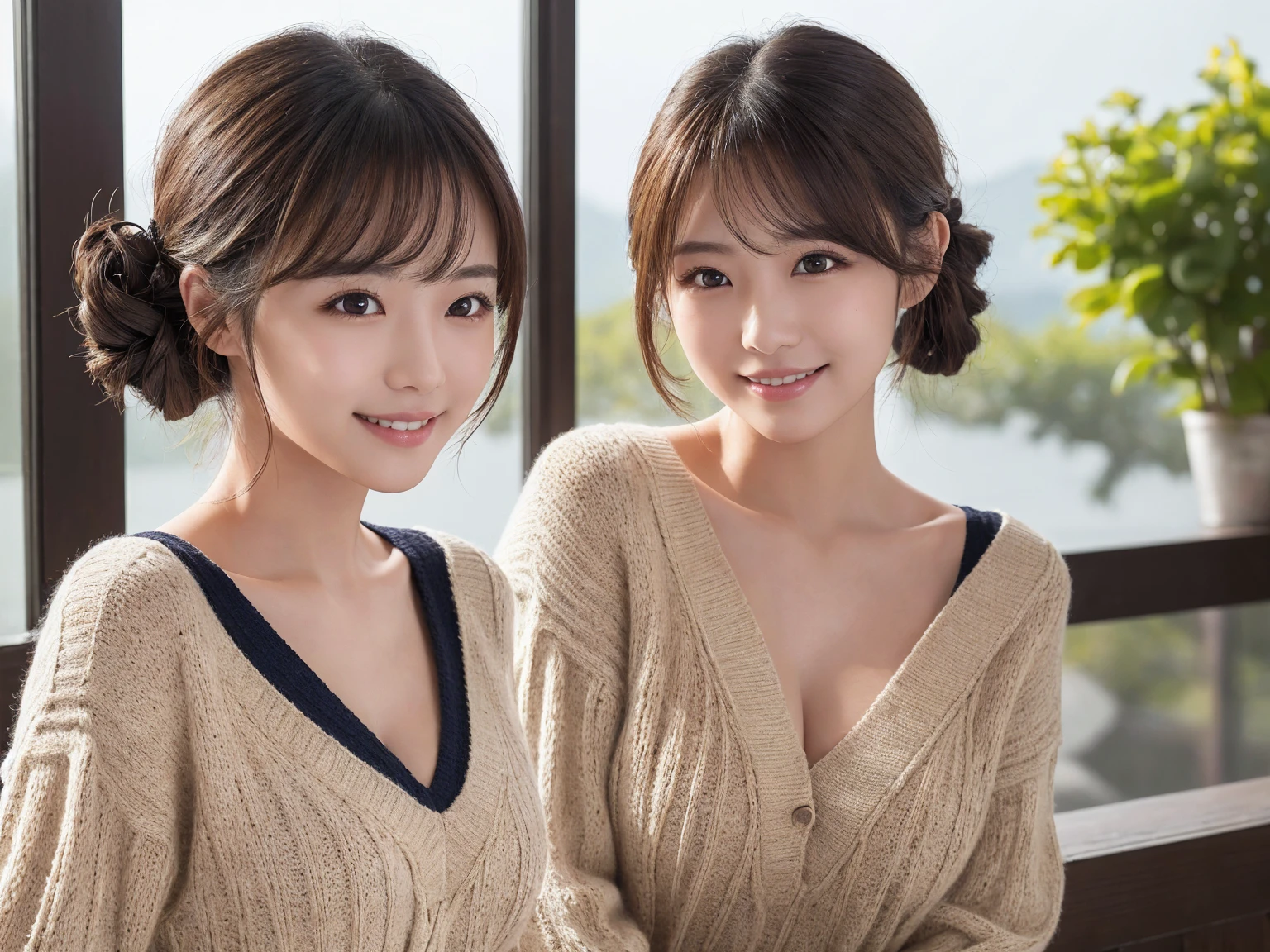 (masterpiece:1.3), (8K, Photorealistic, Raw photo, Best image quality: 1.4), Japanese schoolgirl、(Random Hairstyles:1.2)、Cleavage:1.2、Super detailed face、Attention to detail、double eyelid、Put your chest together、Sharp focus:1.2、Beautiful woman:1.4、Light brown hair、Highest quality、masterpiece、Ultra-high resolution、(Photorealistic:1.4)、Highly detailed and professionally lit smile、Loose, lightweight knitwear、Shoulder out、thin、Serious expression、Short-haired、Deadly position