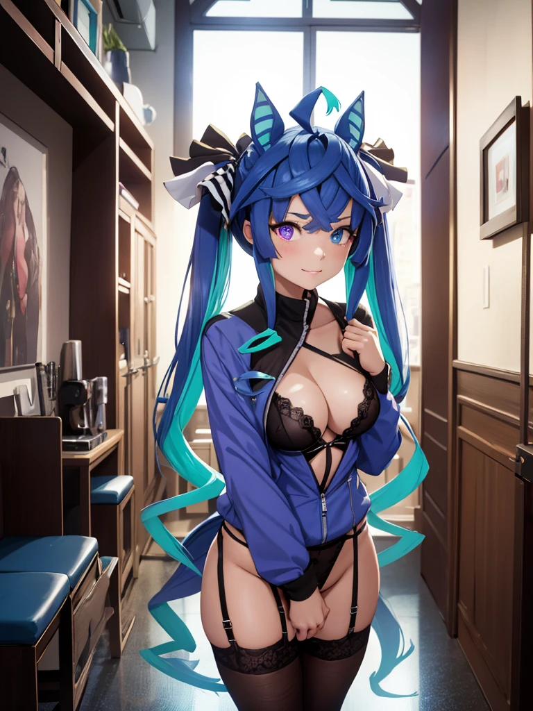(Masterpiece, best quality, high res、highly detailed cg: 1), A scene in which a customer meets a designated sex worker in a waiting room. The scene is seen from the customer's point of view and depicts the sex worker approaching with a professional and friendly smile. The waiting room is simply decorated. The sex worker is wearing an attractive outfit and thin plumage and is confident and attractive. The sex worker says to the customer, "I'm not a sex worker. Thank you for your appointment. Please come this way. I look forward to working with you today." Twin_Turbo_Umamusume, aqua hair, twintails, heterochromia, purple eyes, blue eyes, sharp teeth, multicolored hoodie, hores tails, nsfw, Lingerie set, 1girl, Short stature