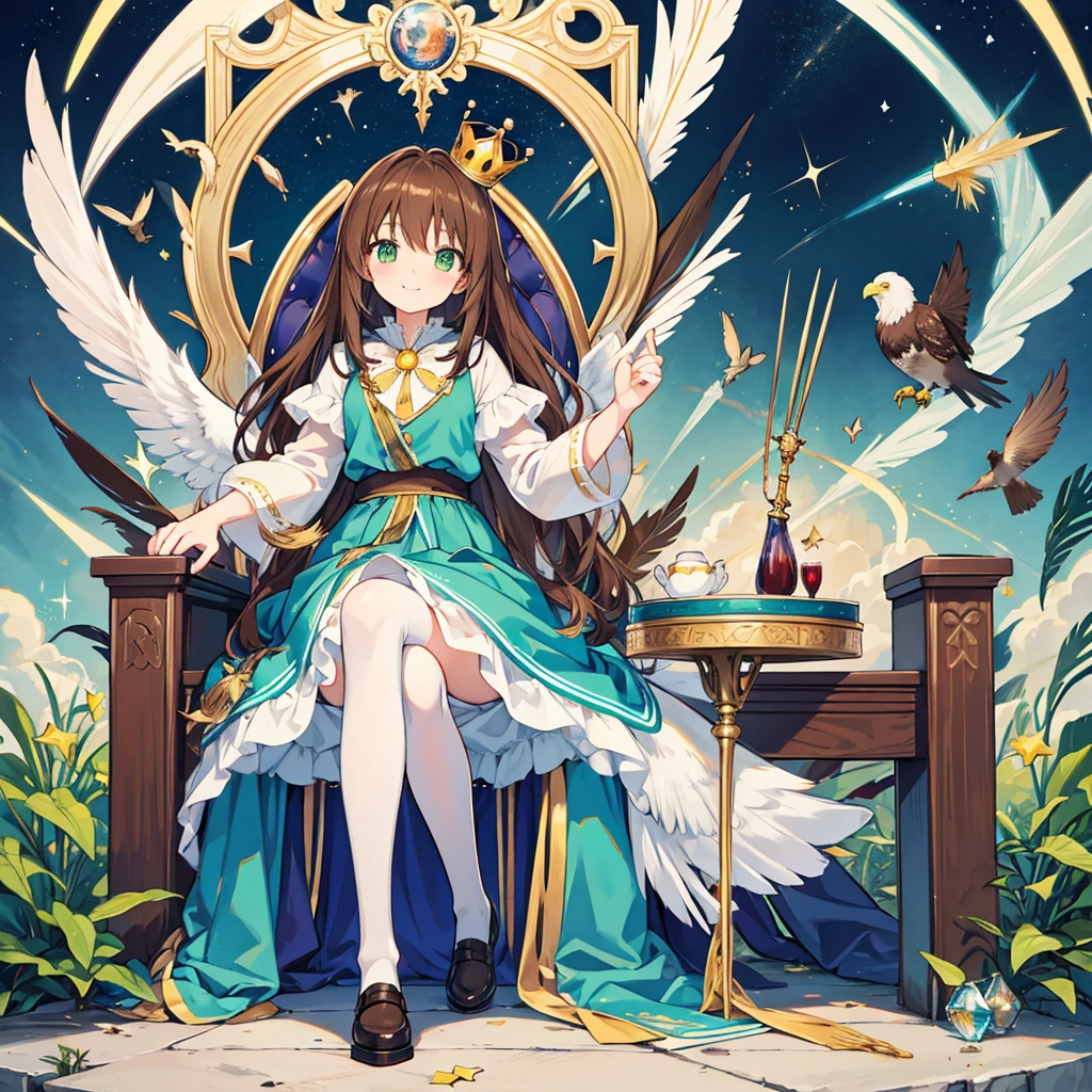 kawaii, anime, Cute, hyper quality, highly detailed, 16k, Front facing, Clarity, full body, smile, one girl and one bird, long brown hair, green eyes, alice in wonderland, throne, Fantastic, cross your legs, crown, crystal, brown bird familiar, magic effects, creepy smile, eagle wings on the back, night, chipped crescent moon, knee socks, accessories, brown bird, Feathers dance, crystal wand, brown bird, throne room, universe, stars are flowing,