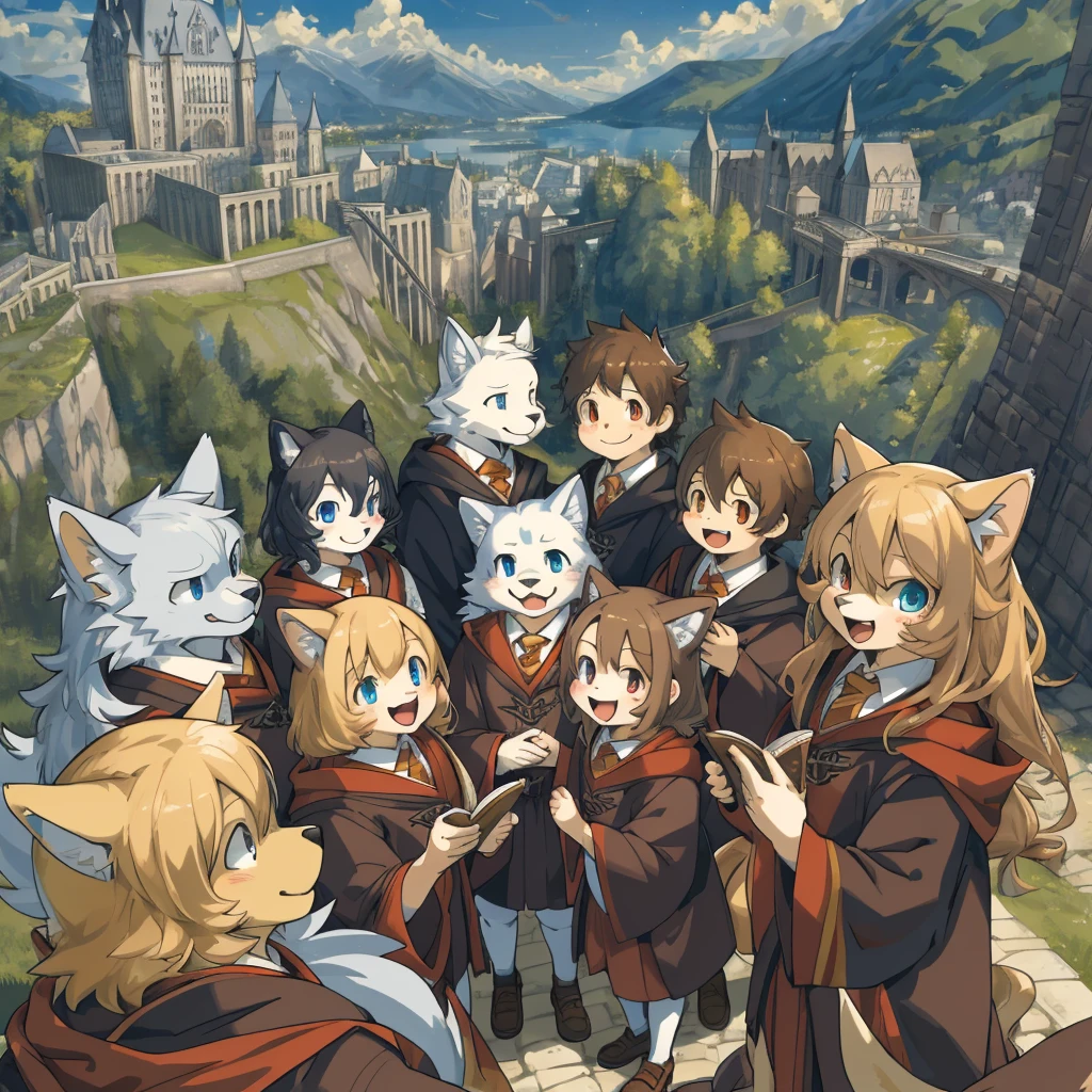 dynamic angle, top quality, best quality, High-quality illustrations, masterpiece, super high resolution, detailed background, detailed background, Harry Potter series, group shot:0.1, 6+boys, 6+girls, Happy, joyful, absurdres(highly detailed beautiful face and eyes)perfect anatomy(kemono, furry anthro),