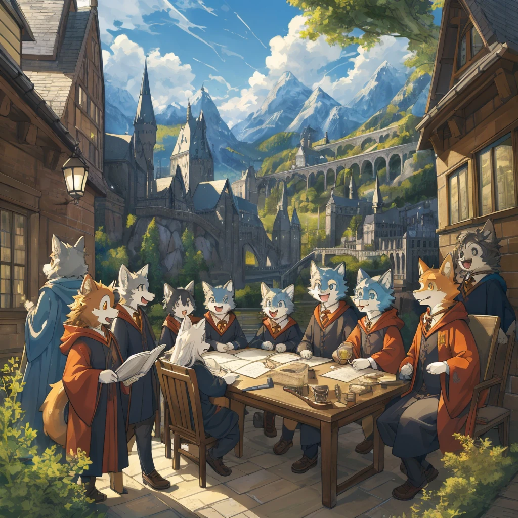 dynamic angle, top quality, best quality, High-quality illustrations, masterpiece, super high resolution, detailed background, detailed background, Harry Potter series, group shot:0.1, 6+boys, 6+girls, Happy, joyful, absurdres(highly detailed beautiful face and eyes)perfect anatomy(kemono, furry anthro),