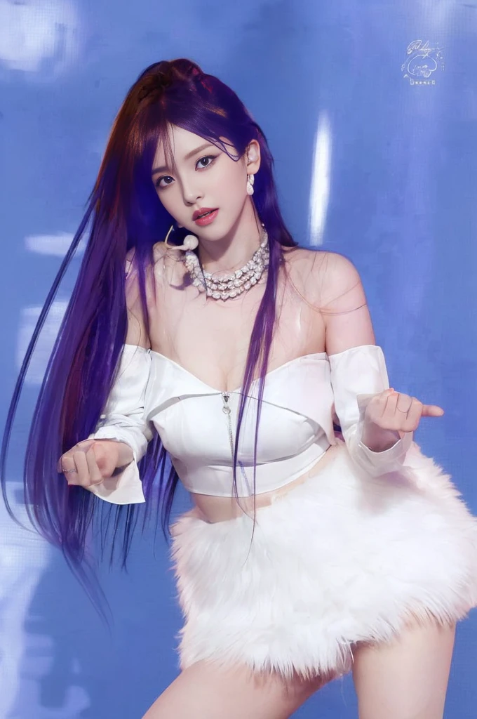 1Girl, 2k, Ultra hd, (((dark orange violet hair))), wearing a white crop top, glossy, fluffy white pants, white sleeve stockings, (((purple eyes))), fair skin, body goals, (((cute face)))