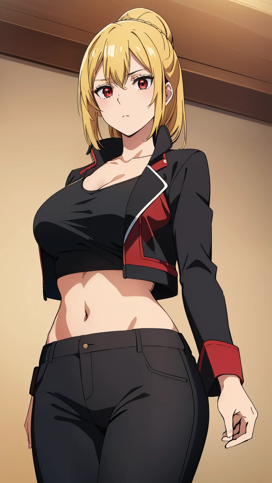 (best quality, 8k, highres, masterpiece:1.2), ultra-detailed, anime art style, beautiful intricate eyes, extremely detailed face, soft expression, stylish pose, Angelica V4, one girl, alone, red eyes, (navel, black_jacket, black_pants, midriff, jacket, long_sleeves, pants, open_clothes, solo, shirt, crop_top, open_jacket, black_shirt, stomach, collarbone, solo_focus, breasts, city), looking at the audience, positioned in the center of the image, beautiful medium-sized voluptuous chest, beautiful face, slender waist, charming, soft lighting