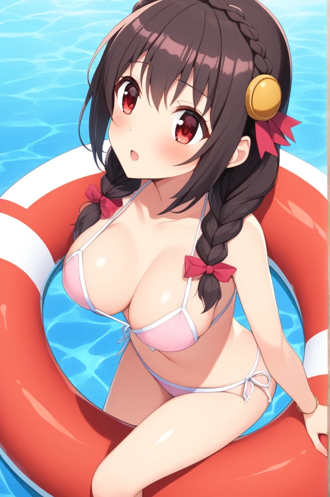 alone, One girl、Crown braids in the same color as your hair, hair ornaments, Hair Ribbon, (White and pink bikini),Red Eyes、Black Hair、(casually looking up:1.2)、(blush)、C cup breasts、Pool、(Riding on a lifebuoy)