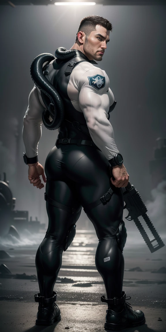 High target, Huge breasts, Muscular man with his back to the camera,High target back and round buttocks,Light gray long sleeve camouflage uniform,role conception(Resident Evil - Chris Redfield,Chris Redfield)Wearing a light gray camouflage wetsuit,His ass is big and curvy,Tightly entangled by the thick octopus tentacles,Regular symmetrical texture pattern,Standing with his back to the street with octopus tentacles, Lots of slime octopuses and sludge,Male heroes,Heroic masculine pose,High target and burly,muscular!Attractive leg muscles,High target, Burly, And powerful, Wearing a light gray camouflage wetsuit, Super Buff and Coolness, High Resolution Committee, Big feet in black boots,Charismatic strongman,The bright sunshine shines on me,Matte particles,Shiny texture
