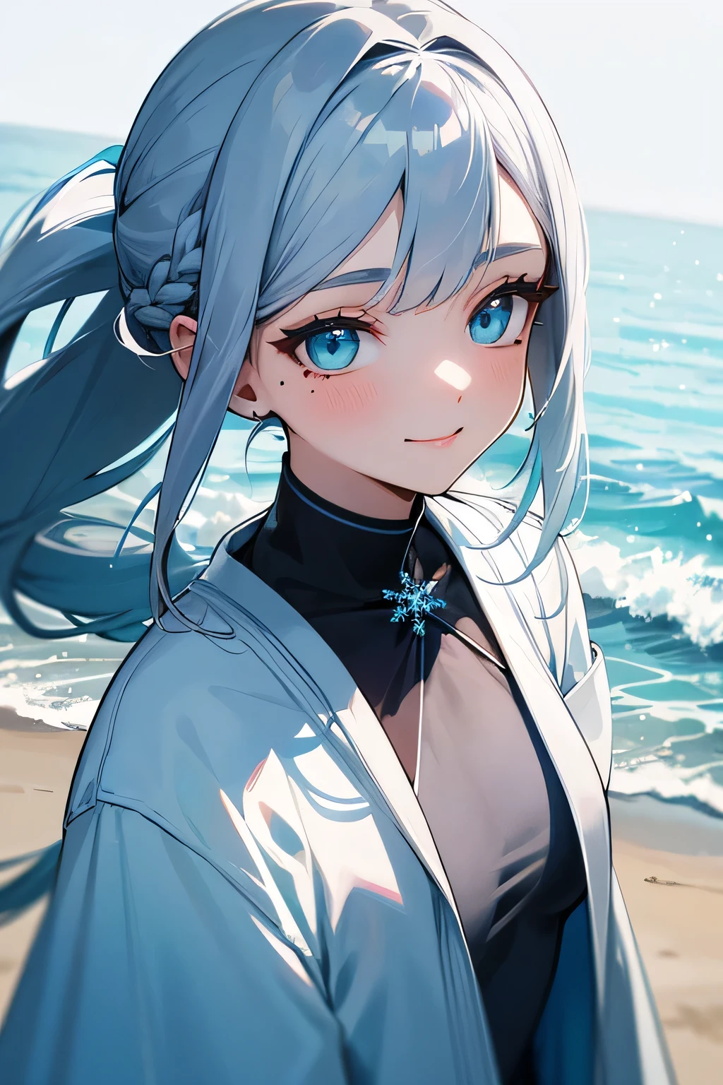 mole under eye, aqua eyes, gradient_eyes, upturned eyes, longeyelashes, silver hair, braided ponytail, long hair, side swept bangs, snowflake hair ornament, light smile, wearing a beautiful blue dress, on the beach, high details, high quality, best quality, highres