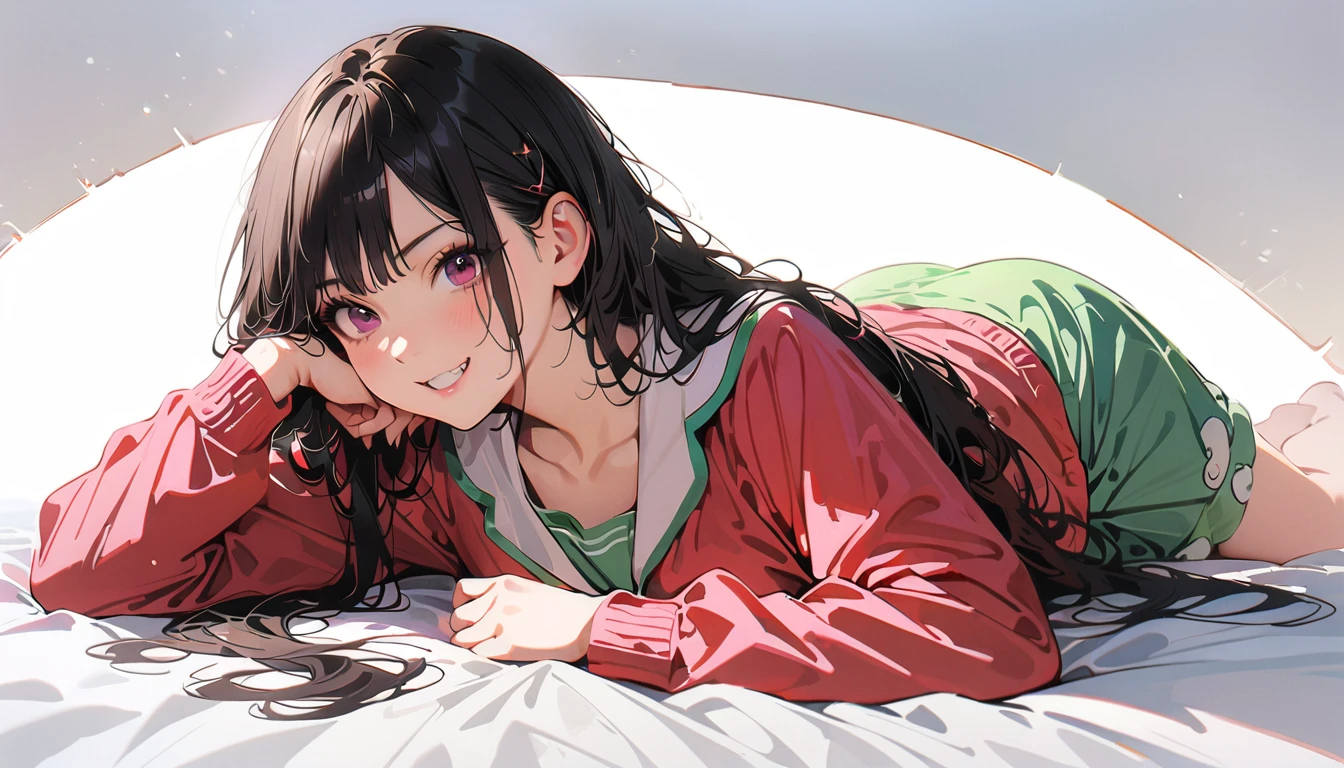 20 years old,1 mature woman,hyperrealistic, 8k, (extremely detailed 8k), (very delicate and beautiful), (masterpiece), (better quality:1.0), (ultra high resolution:1.0), (masterpiece, best quality),cute,black hair,long hair,full body,white background,realistic skin,pajamas,lie on own stomach,evil grin