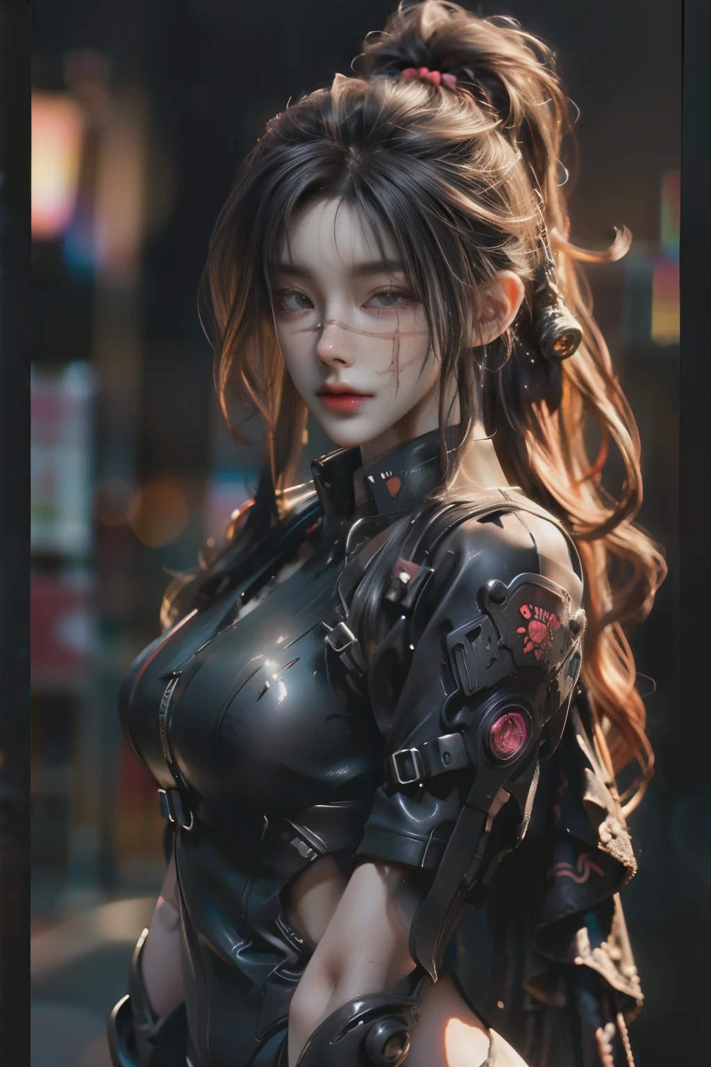 ((best quality)), ((Masterpiece)), (details:1.4), 3d, Image of a beautiful cyberpunk woman., HDR (high dynamic range), long hair, Blonde hair, future police, PBR surface,After processing,Anisotropic filtration,depth of field, Maximum clarity and clarity, multi-layered surface, perfect proportions, 8K raw files, รอยแผลเป็นบนใบหน้า, Yoru